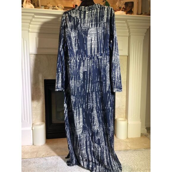 Women’s Navy Blue and White Long Sleeve Collared Button Up Draw Strip Waist Dres - Picture 2 of 6